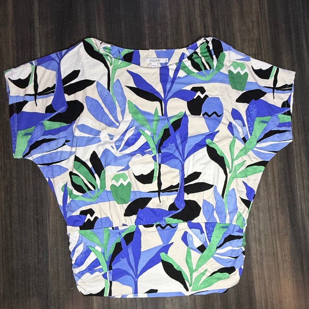 Chico's Women's Blue Green‎ Floral Print Ruched Blouse Top Size 1 M